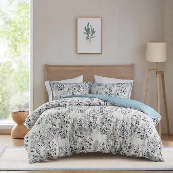 Madison Park Joyce 3-Piece Blue Damask Cotton Full/Queen Floral Printed Cotton Duvet Cover Set