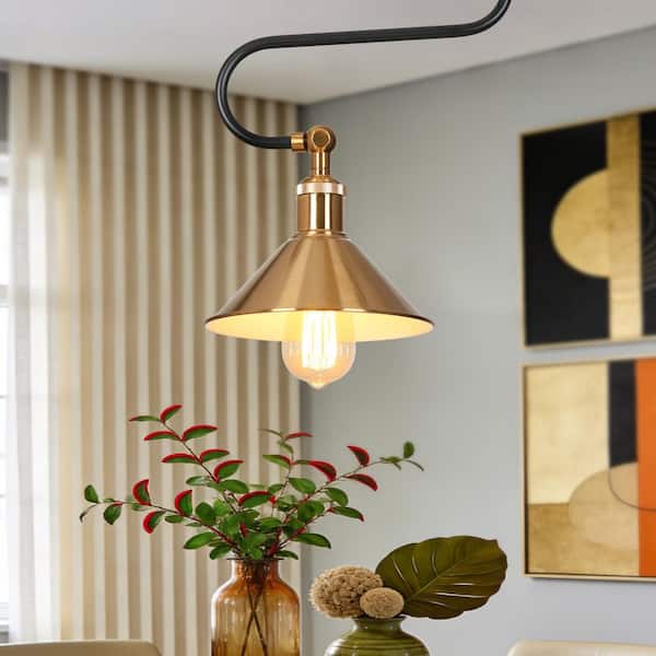 Adjustable Modern 1-Light Brass Island Pendant Light, Black Industrial Hanging Pendant Light with Metal Bell Shade