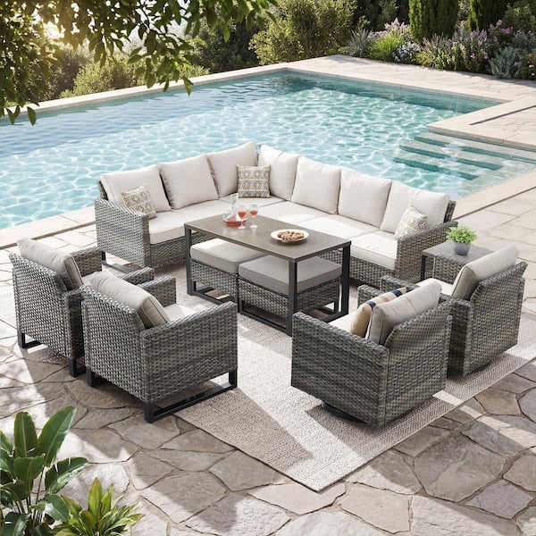 Valenta Gray 10-Piece Wicker Patio Conversation Set with Beige Cushions
