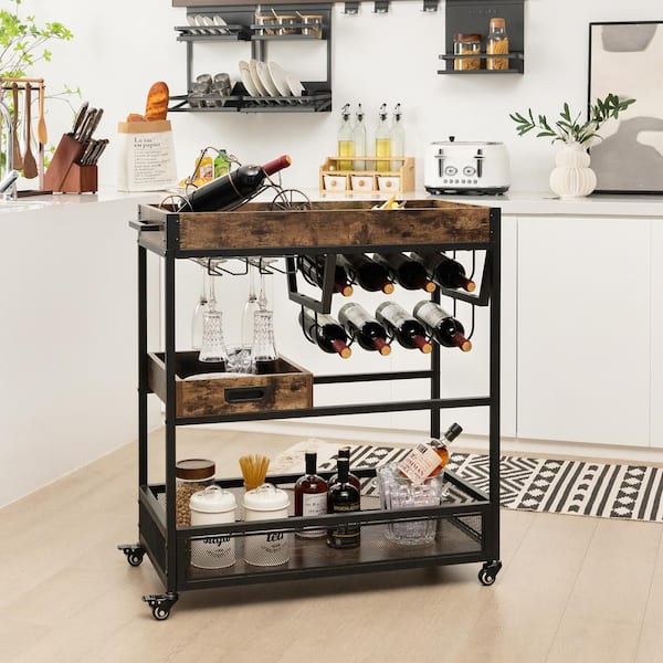 3-Tier 8 Bottle Brown Freestanding Wine Rack with Storage Shelves