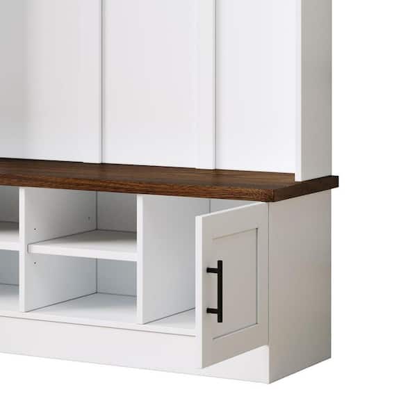 Polibi Farmhouse Hall Tree with 6 Hooks, Walnut Storage Bench with