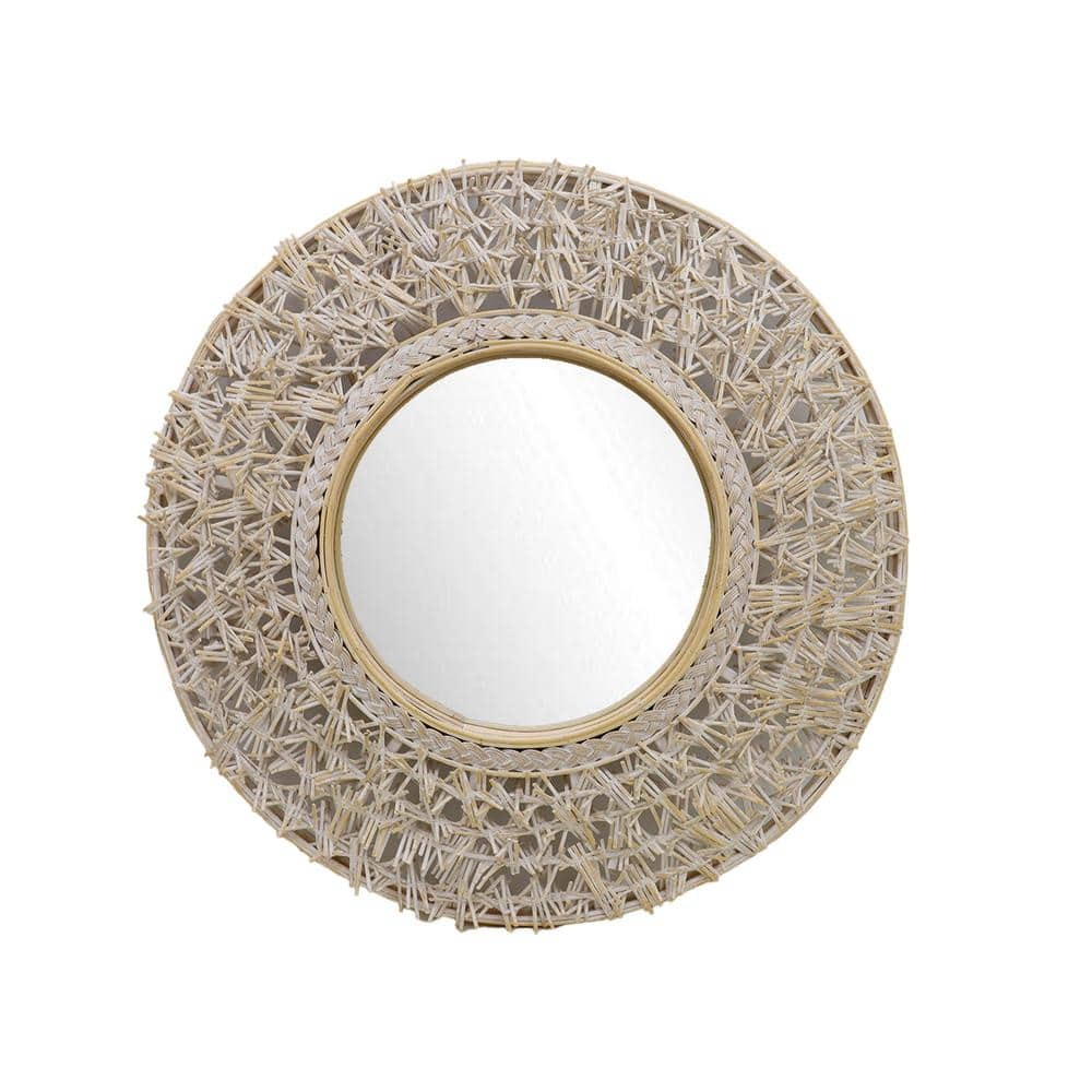 24 Inch Round Whitewashed Rattan and Bamboo Decorative Wall Mirror