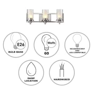Odyssey 22 in. 3-Light Brushed Nickel Bathroom Vanity Light Fixture with Frosted Inner Glass and Clear Outer Glass