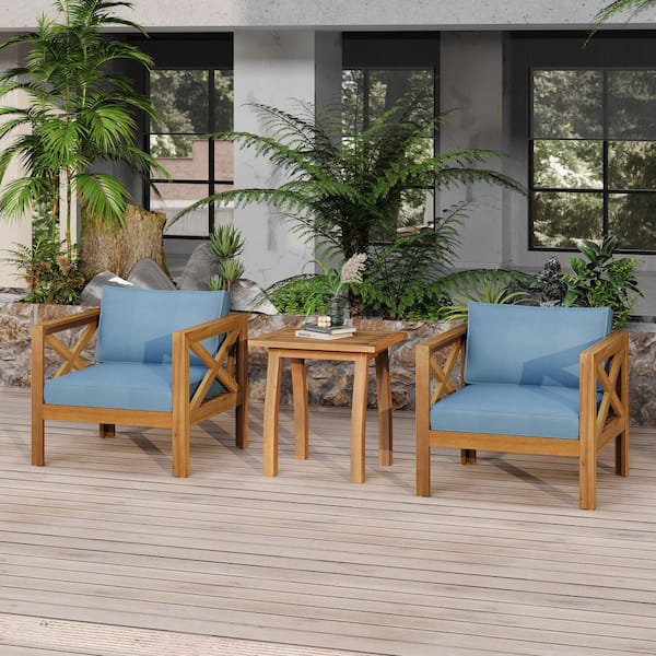 CHRISTOPHER KNIGHT HOME Lucca 3-Piece Teak Finish Solid Wood Patio Chat Set Outdoor Lounges Chairs with Dark Grey Cushions, End Table
