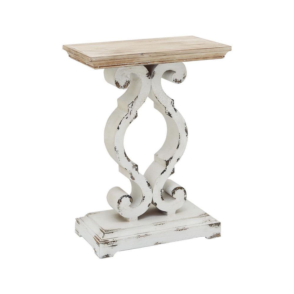Rustic French Country Natural Wood End Table with Distressed White Base