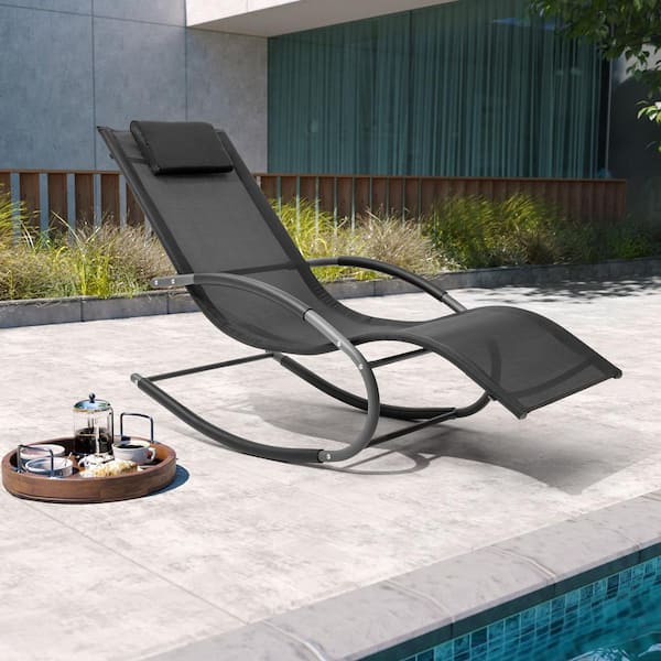 Pellebant Metal Patio Outdoor Rocking Chair in Beige with Headrest (1-Piece)