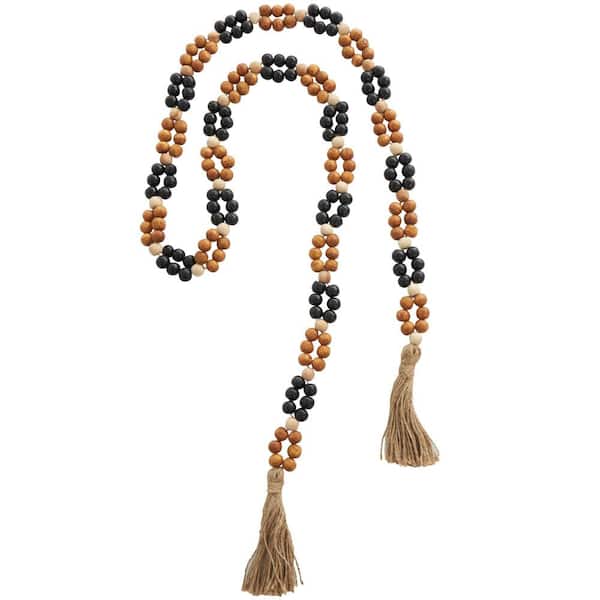 Litton Lane Brown Handmade Mango Wood Round Double Layered Long Carved Beaded Garland with Tassel with Black and Cream Accents