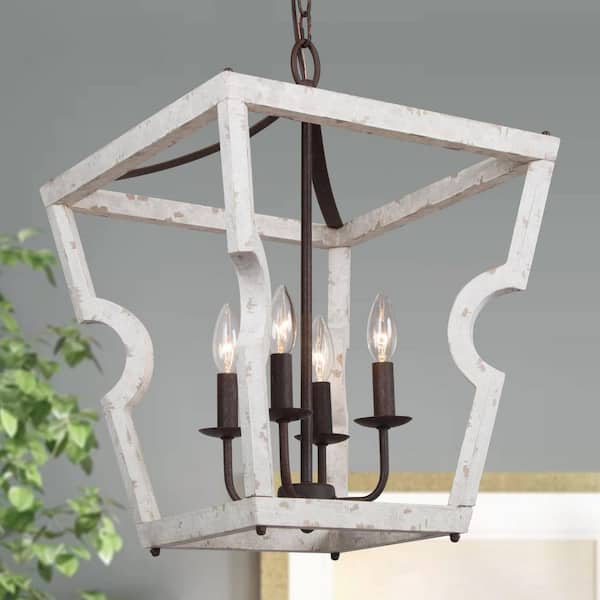15.9 in. 4-Light Modern Farmhouse Wood Island Pendant Light, Distressed White Chandelier for Kitchen Island, Dining Room