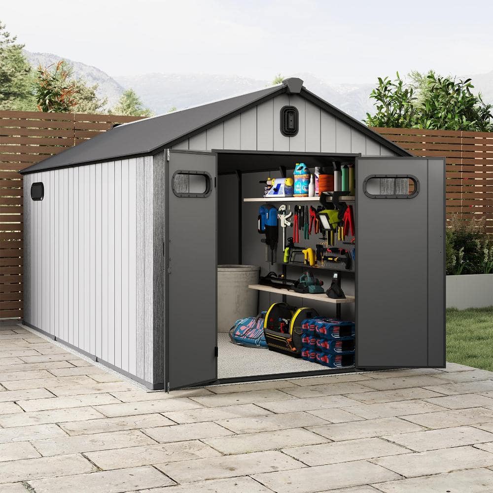 8 ft. W x 16 ft. D Gray Resin Outdoor Storage Shed with Carpet for Tools, Bike, Lawn Mower, Patio (128 sq. ft.) price history on PriceWatchPro