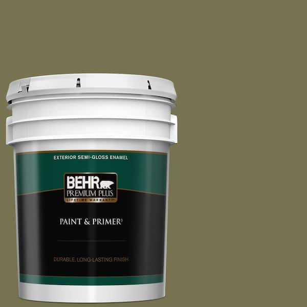 BEHR PREMIUM PLUS 5 gal. #S350-6 Truly Olive Semi-Gloss Enamel Exterior Paint & Primer