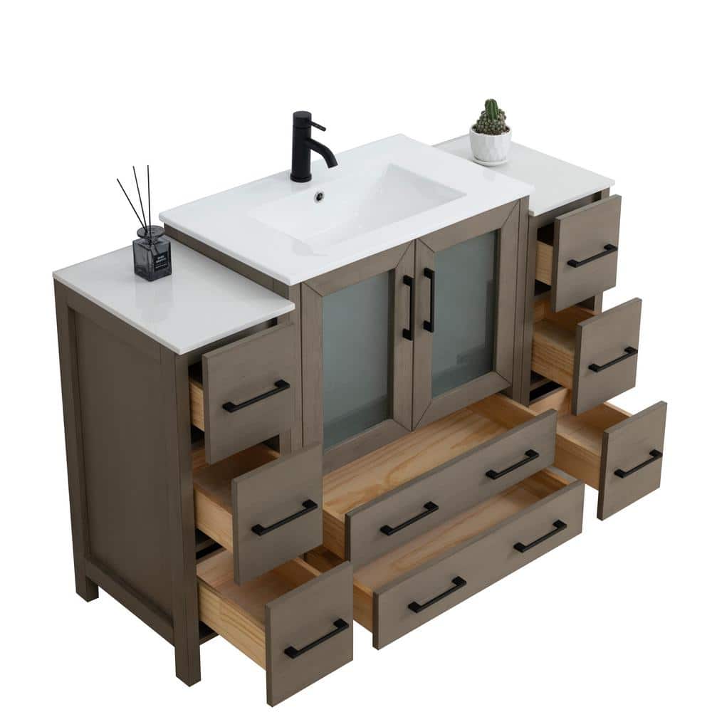 54" Driftwood Gray Solid Wood Bathroom Vanity with Ceramic Top and Mirror