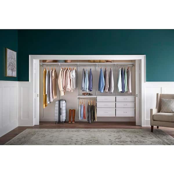 Everbilt Genevieve 6 ft. White Adjustable Closet Organizer Double Long Hanging Rod with 2 Shoe Racks, 6 Shelves and 4 Drawers