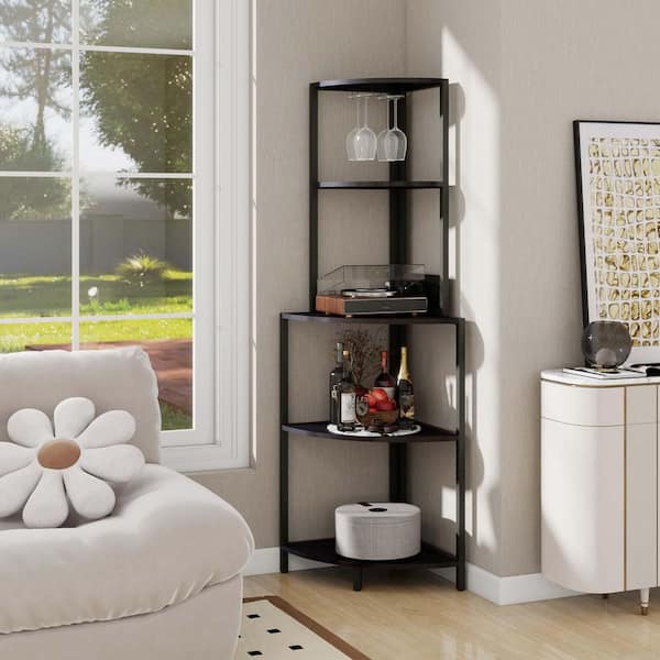 5-Tier Metal Black Wine Rack Display Shelf, Standing Corner Shelf with LED Light & USB Plug, Bookshelf With Glass Holder