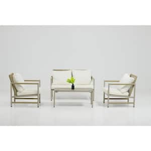 4-Piece Gray Metal Patio Conversation Set with White Cushions