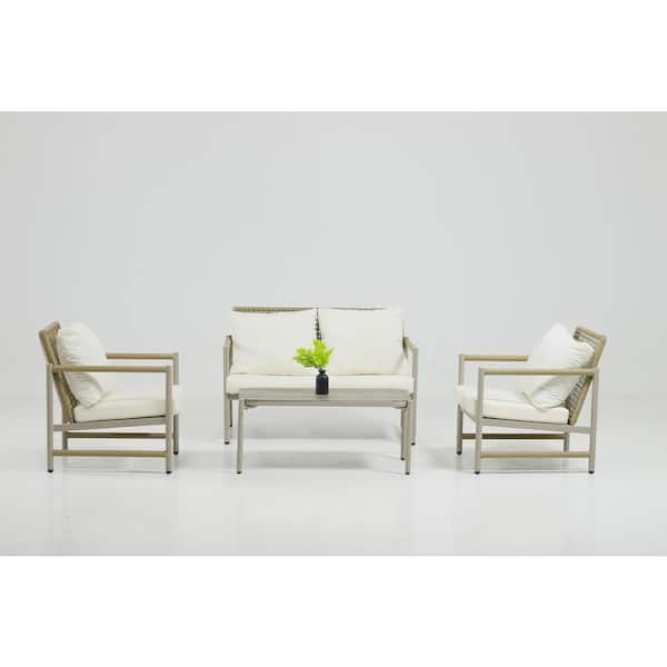 Tenleaf 4-Piece Gray Metal Patio Conversation Set with White Cushions