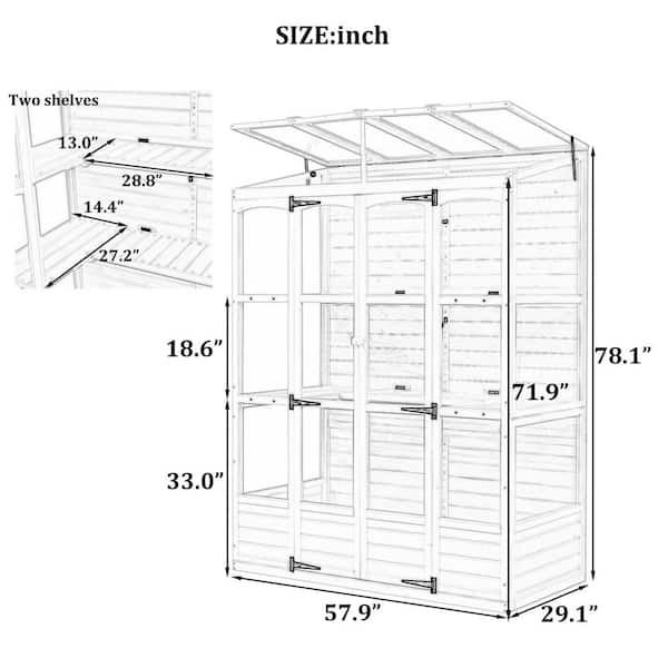 Unbranded - 57.9 in. W x 29.1 in. D x 78.1 in. H Black Wood Greenhouse with 4-Independent Skylights and 2-Folding Middle Shelves