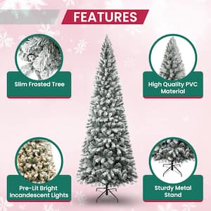 7.5 ft Frosted Snow Flocked Prelit Slim Artificial Christmas Tree with 1102 Branch Tips, 350 Warm Lights and Metal Stand