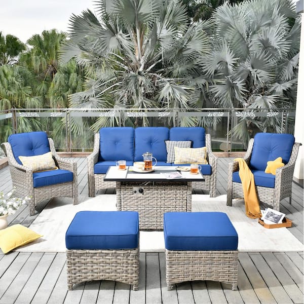 HOOOWOOO Verona Grey 6-Piece Wicker Outdoor Patio Conversation Sofa Seating Set with a Rectangle Fire Pit and Navy Blue Cushions