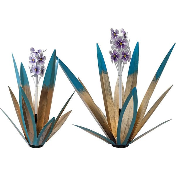 Metal 2-Pieces Purple Flowers Agave Plant Garden Art