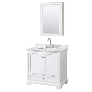 36 in. W x 22 in. D Vanity in White with Marble Vanity Top in Carrara White with White Basin and Medicine Cabinet