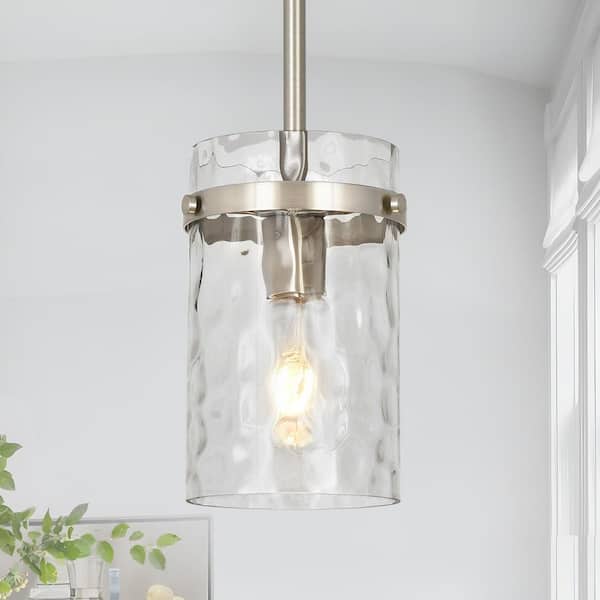 Jasslynn 60 Watt 1 Light Brushed Nickel Modern Pendant Light with Water Rippled Cylinder Glass Shade for Kitchen Island