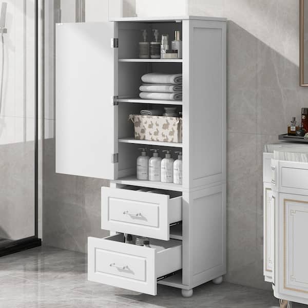 23 in. W x 15.9 in. D x 61.4 in. H White Wood Tall Bathroom Storage Linen Cabinet with 2 Drawers and Adjustable Shelf