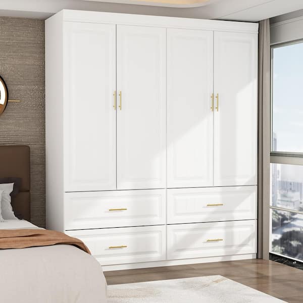 White Wood 63 in. W 4-Door Big Wardrobe Armoires with Hanging Rod, Drawers, Storage Shelves 74.2 in. H x 20.6 in. D