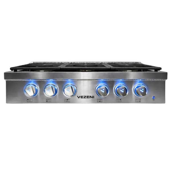 Randolph Pro 36 in. Natural Gas Cooktop in Stainless Steel with 6-German Made Burners, LED Knobs, Cast Iron Grates