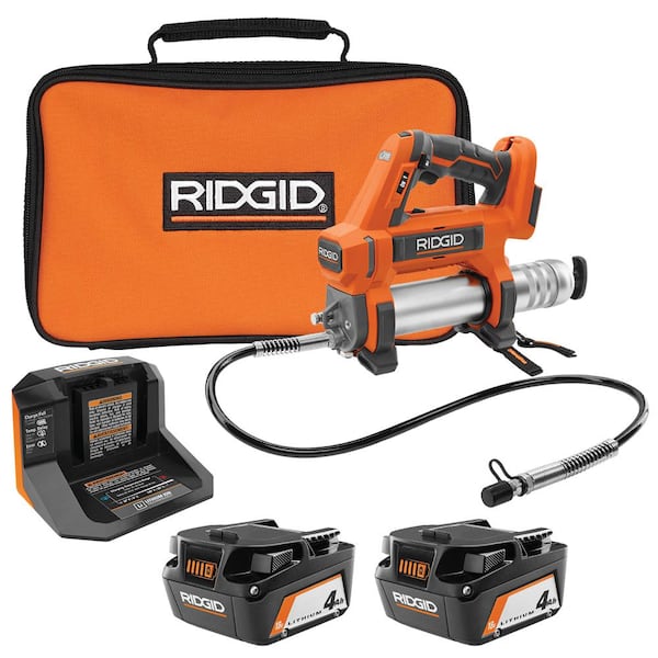 RIDGID 18V Cordless Grease Gun with (2) 4.0 Ah Batteries, 18V Charger, and Bag