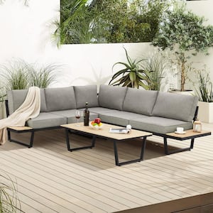 4-Piece Outdoor Conversation Set, All-Weather L-Shaped Metal Patio Sectional Sofa Set with Gray Cushion
