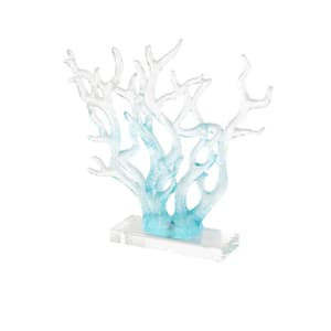 Blue 15 in. x 14 in. Glass Ombre Coral Sculpture with Clear Rectangle Base