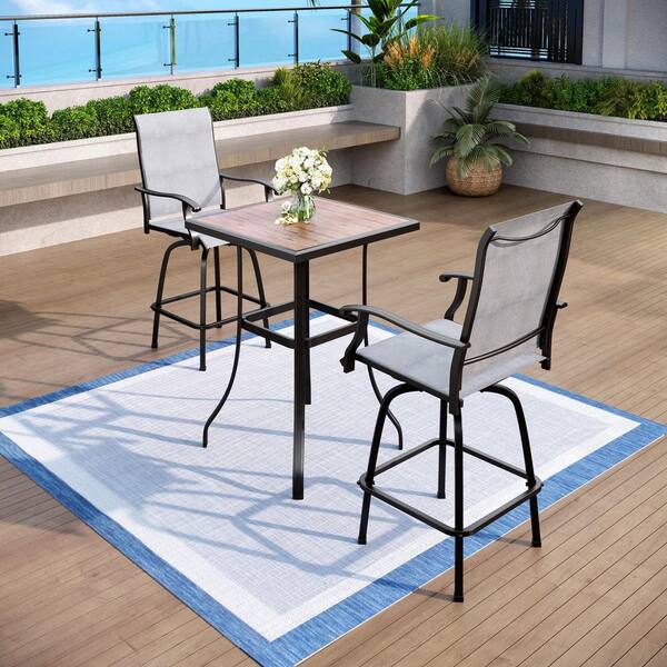 Black 3-Piece Metal Square Outdoor Patio Bar Set with Wood-Look Bar Table and Swivel Bistro Chairs