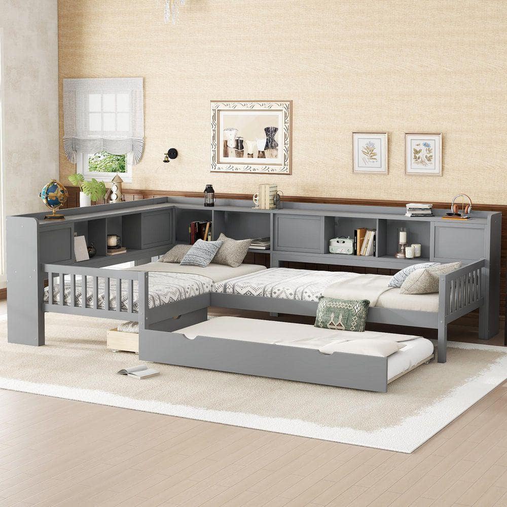 Nestfair Gray Wood Frame Twin Size L-Shaped Platform Bed with