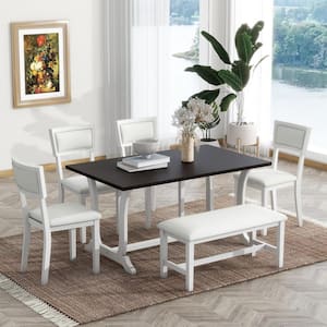 White and Dark Walnut Farmhouse 6-Piece Rectangle Wood Trestle Dining Table Set with Upholstered Chairs and Bench