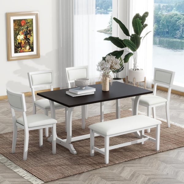 Harper & Bright Designs White and Dark Walnut Farmhouse 6-Piece Rectangle Wood Trestle Dining Table Set with Upholstered Chairs and Bench