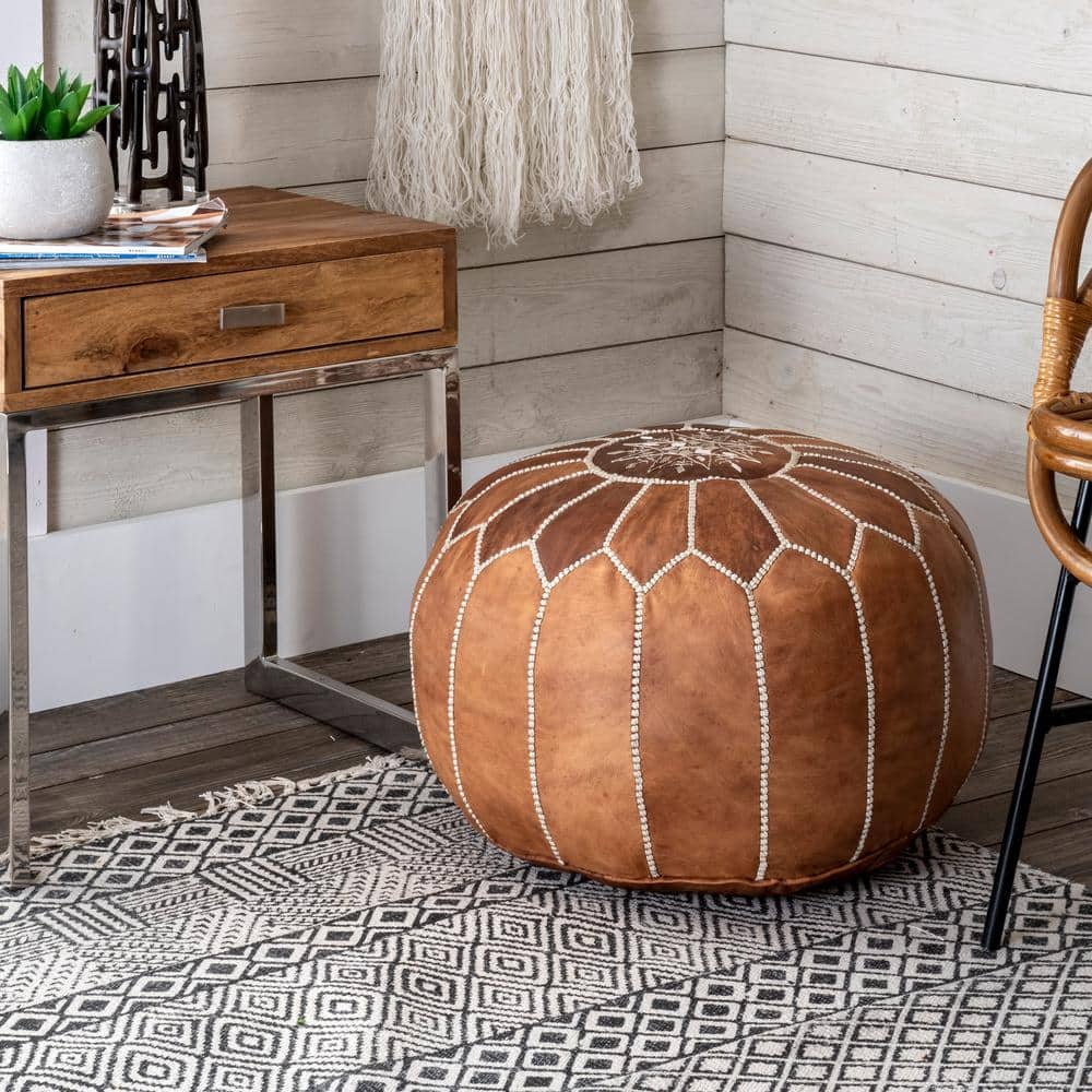 Modern Hand-Stitched Brown Leather Moroccan Pouf, 14" H x 20" W