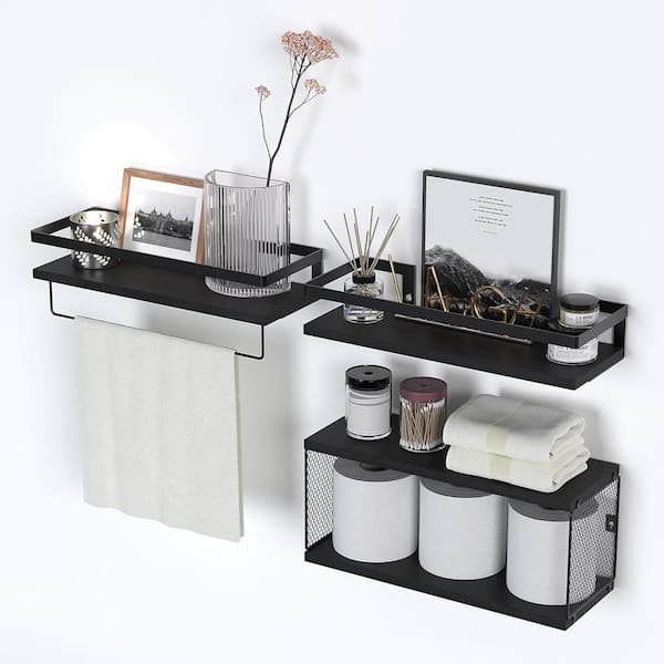 Cubilan 15.7 in. W x 5.7 in. D Black Decorative Wall Shelf, Floating Shelves with Towel Bar