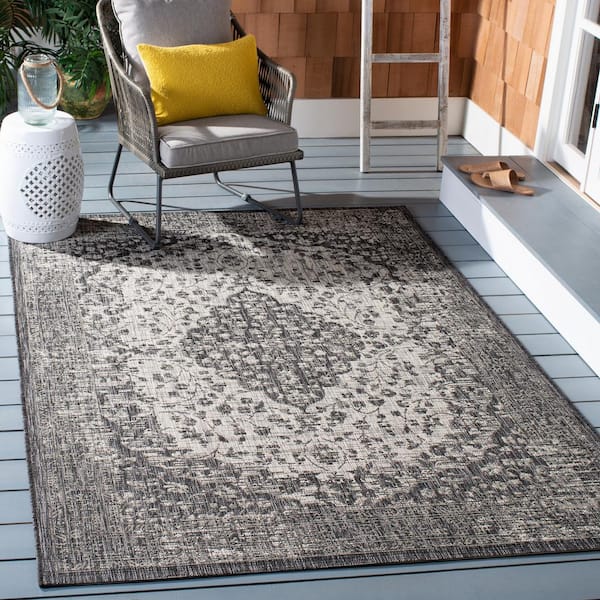 Courtyard Black/Gray 9 ft. x 12 ft. Medallion Border Indoor/Outdoor Area Rug