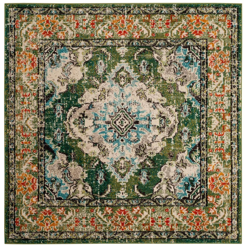 SAFAVIEH Monaco Toria Traditional Area Rug  Forest Green/Light Blue  4  X 4  Square