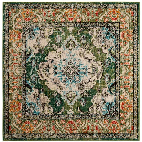 SAFAVIEH Monaco Forest Green/Light Blue 4 ft. x 4 ft. Distressed Border Medallion Square Area Rug