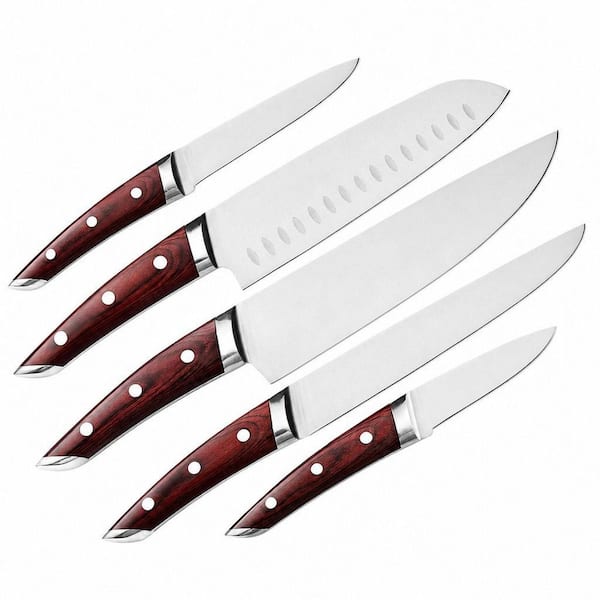 5-Pack Japanese Chef Knife Set with Red Pakkawood Handle Ergonomic Design