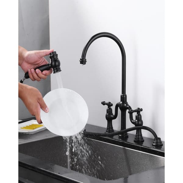 Double Handle High-Arc Deck Mounted Bridge Kitchen Faucet in Black