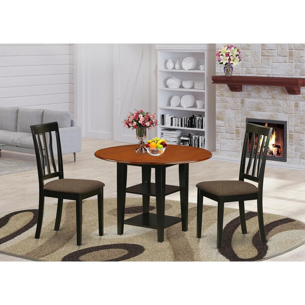 3-Piece Black and Cherry Finish Round Solid Wood Top Dining Table Set