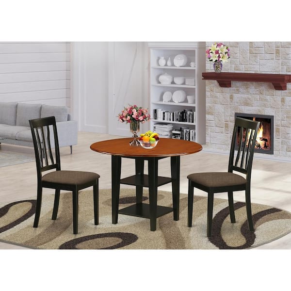 East West Furniture 3-Piece Black and Cherry Finish Round Solid Wood Top Dining Table Set