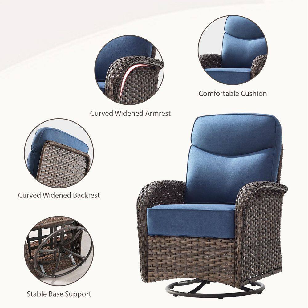 Detailed views of the wicker swivel chair's armrest, backrest, cushion, and base.
