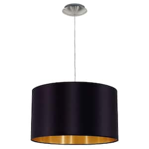 Maserlo 15 in. W x 72 in. H 1-Light Satin Nickel Pendant with Black/Gold Cloth Drum Shade