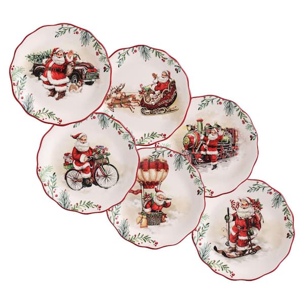 6 in. Santa On The Way 18 fl. oz. Red & White Ceramic Salad, Dessert Plate Set, Set of 6, Dishwasher Safe for Christmas