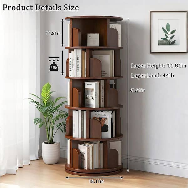 62 in. Tall H 360° Wood-MDF Walnut Brown-No Drawer 6-Shelf Bookcase, Bookshelf Tower, Storage Cabinet for Books, Toys