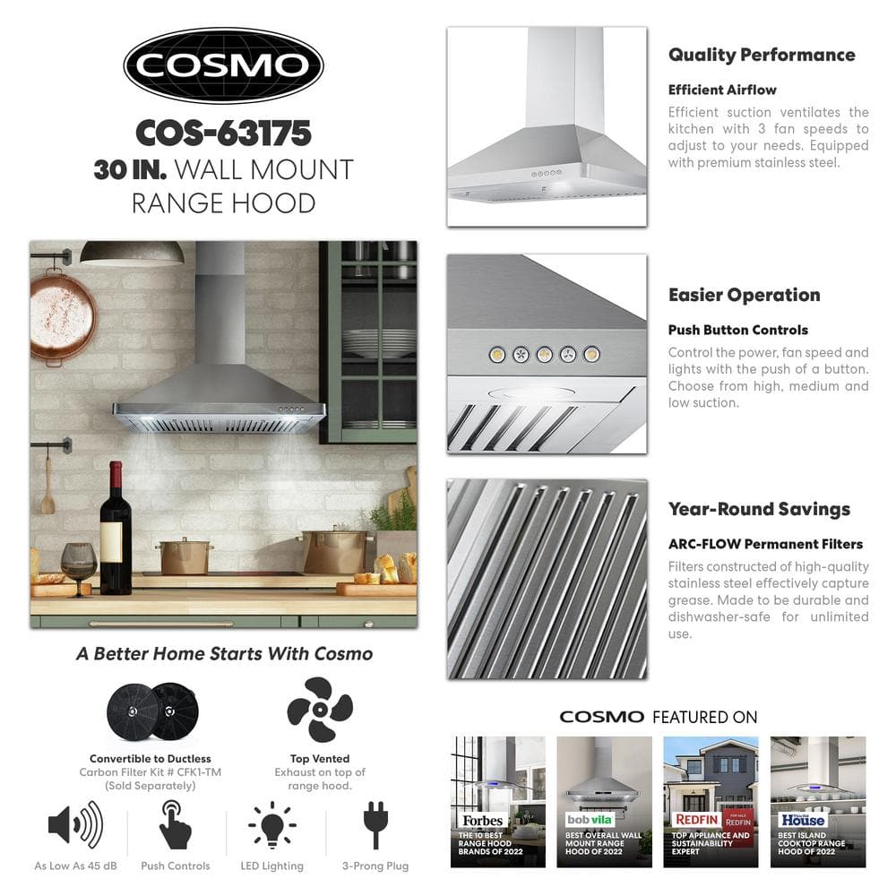 30-Inch Stainless Steel Convertible Wall Mount Range Hood
