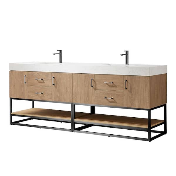 Alistair 84 in. W x 22 in. D x 34 in. H Double Sink Bath Vanity in North American Oak with White Composite Stone Top